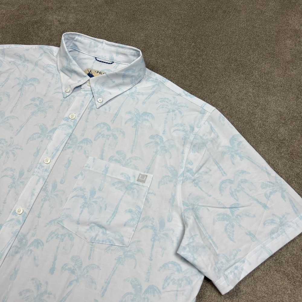 HUK Shirt Mens 2XL Button Down Short Sleeve AOP Palm Trees Stretch Performance